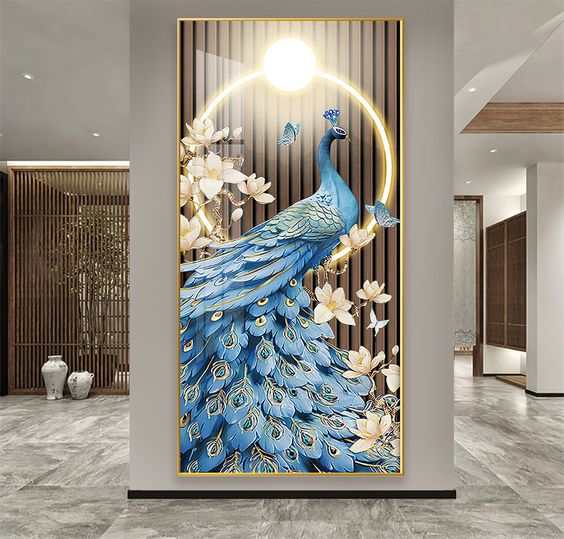 Home decoration modern design popular wall panel art crystal porcelain painting Operating With Remote peacock LED wall painting (24×48 inch) - Shreya home decor