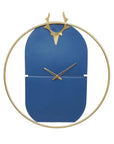 Deer Head on Top Round Blue and Golden Decorative Metal Wall Clock (size 24 Inch)