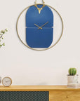 Deer Head on Top Round Blue and Golden Decorative Metal Wall Clock (size 24 Inch)