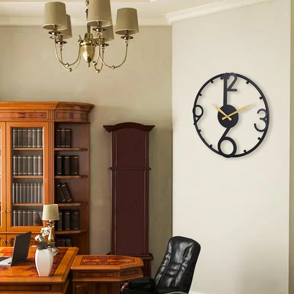 Large Hollow Black Metal Wall Clock with Gold Home Decor Art - Shreya home decor