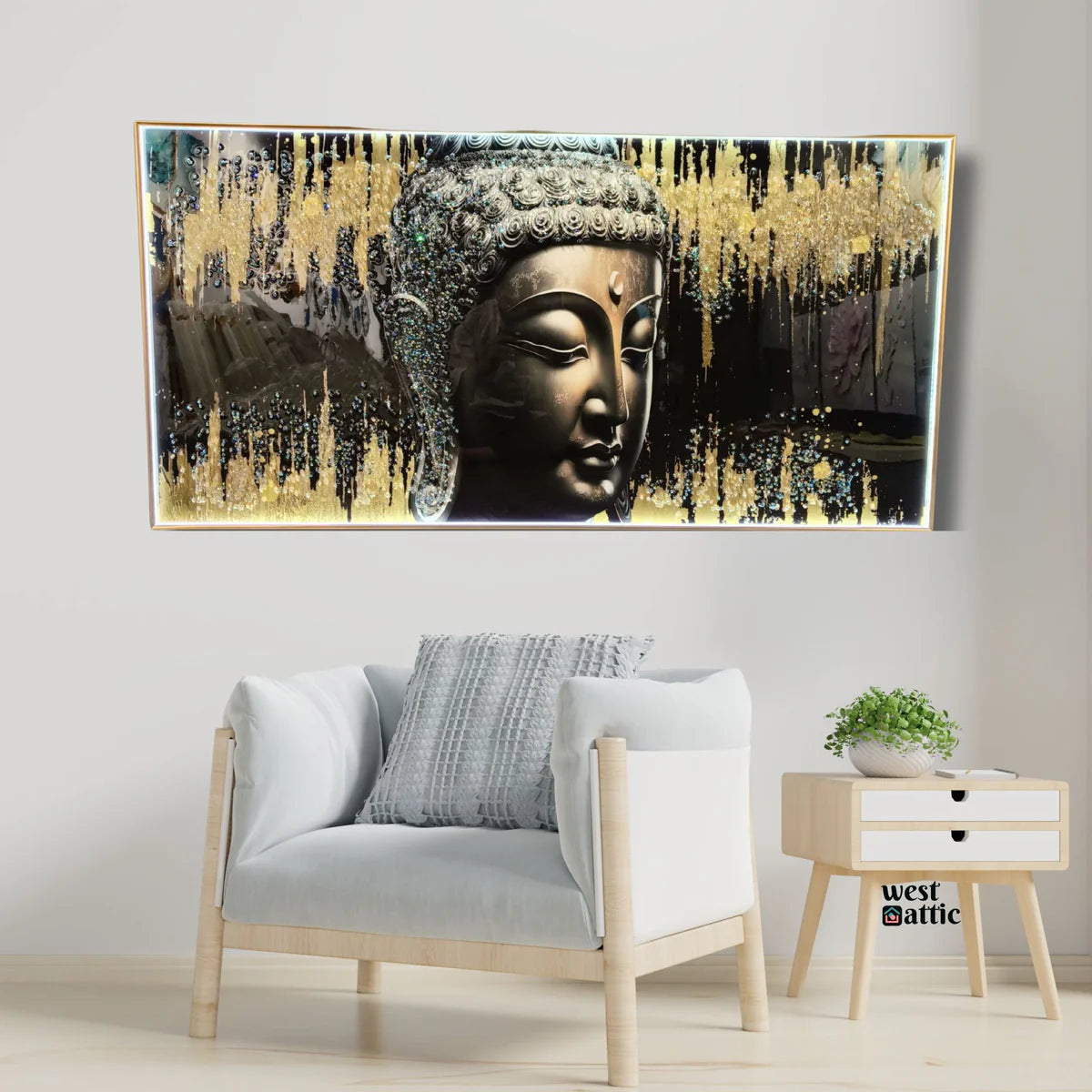 Buddha crystal painting with metal frame- LED size-(24*48 inch +led)
