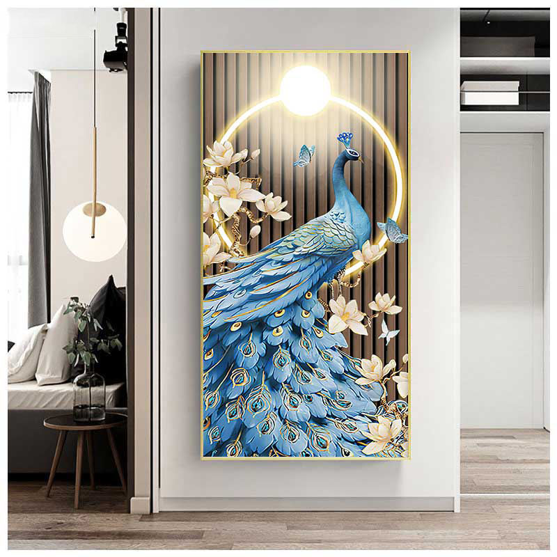 Home decoration modern design popular wall panel art crystal porcelain painting Operating With Remote peacock LED wall painting (24×48 inch) - Shreya home decor