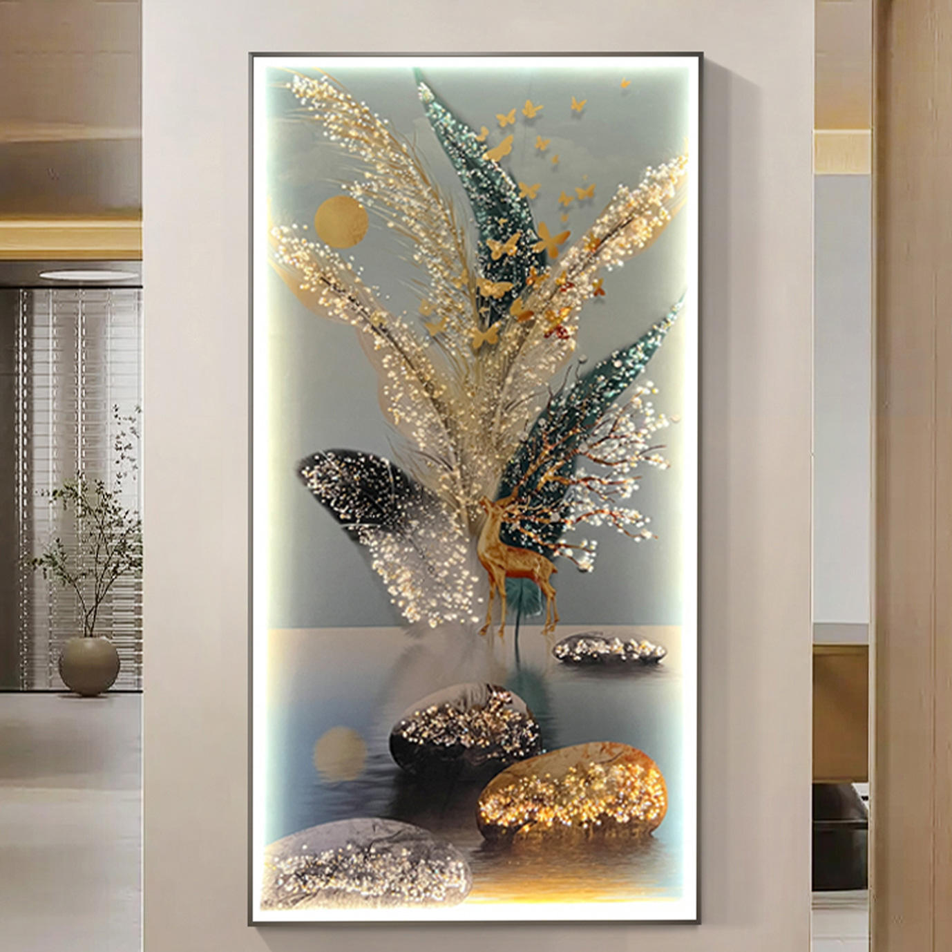 LED Lighting Crystal Porcelain Decoration Painting Remote Control Wall Art Hanging Painting (24×48 inch) - Shreya home decor