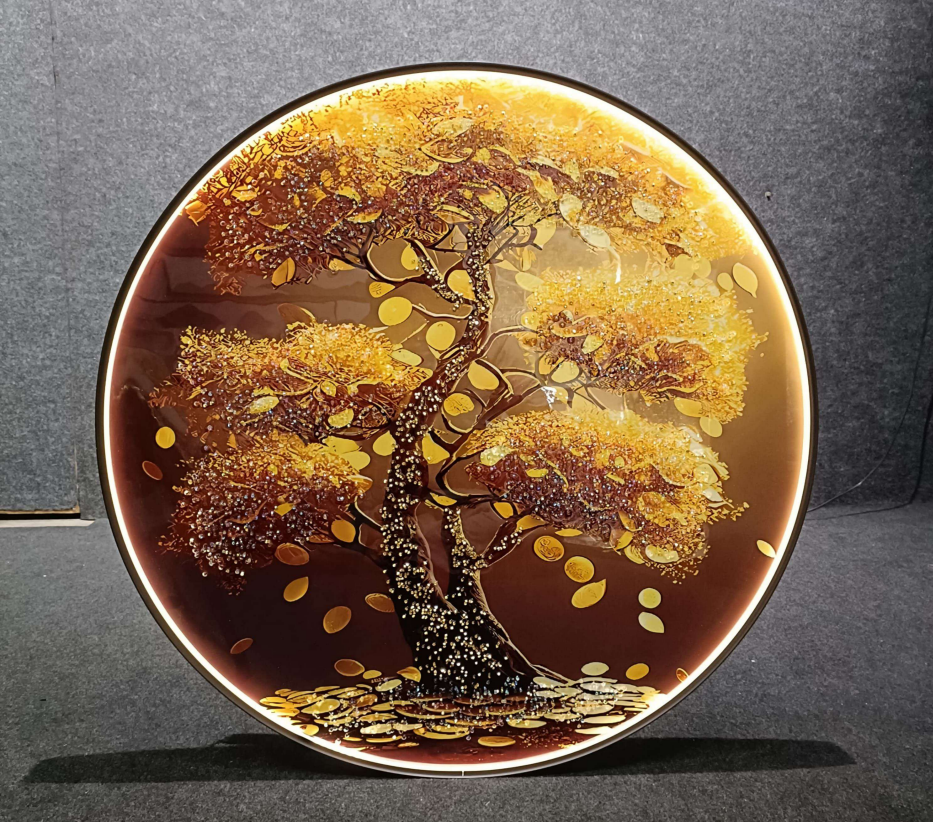 Golden Tree Round LED Crystal Painting for Home Decor size-32inch (dia)+led