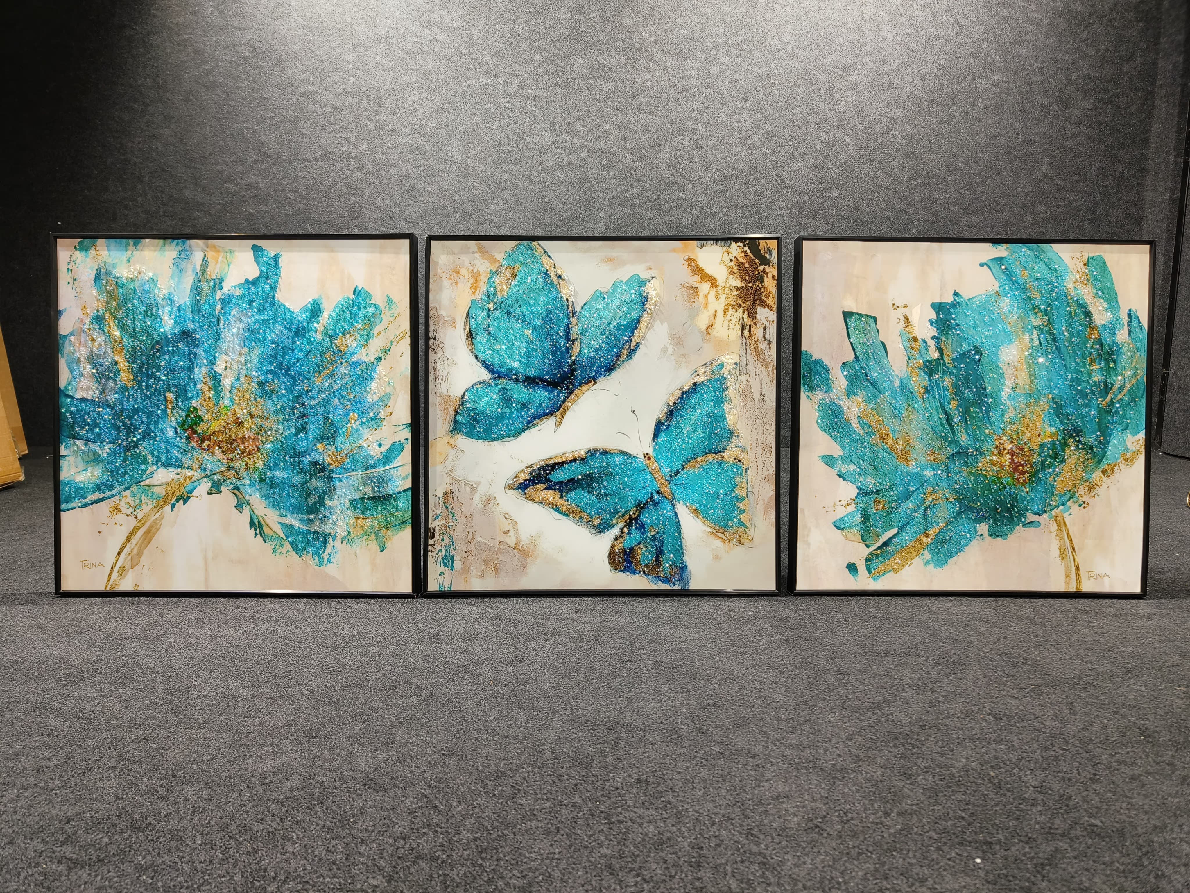 Crystal Painting of Blue Butterfly for Home Decor (set of 3)60*60cm