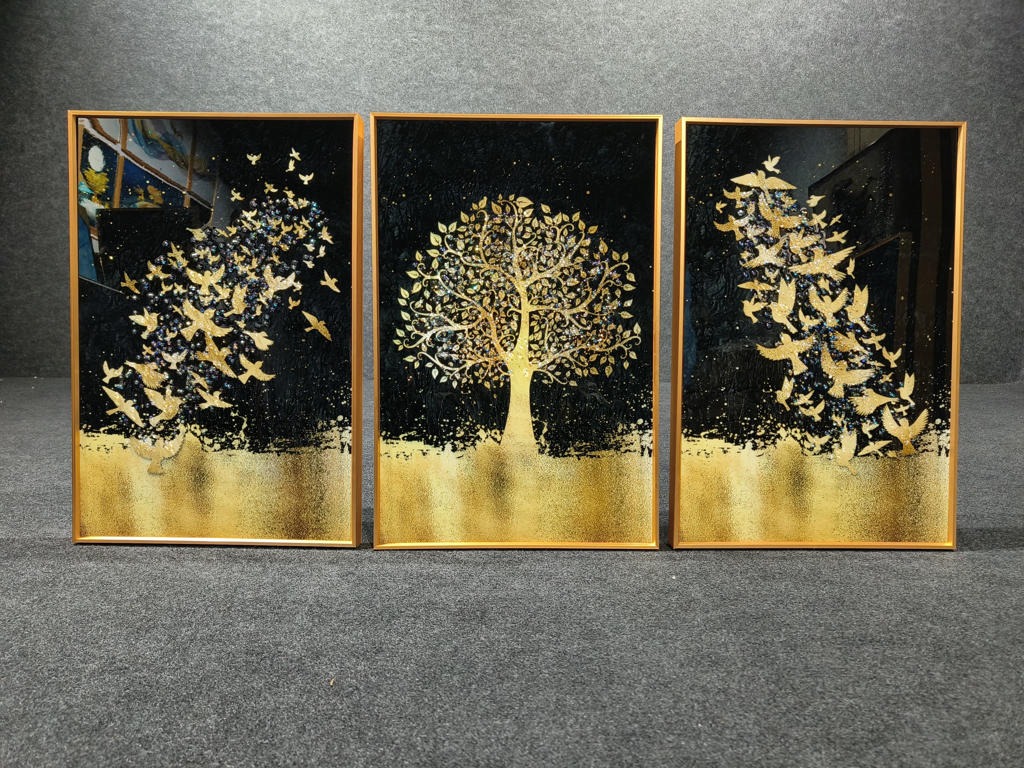 (set of 3) Crystal Painting of Golden Tree and Birds for Home, Hotels, Living Room, Hall, Decoretion 40*60cm