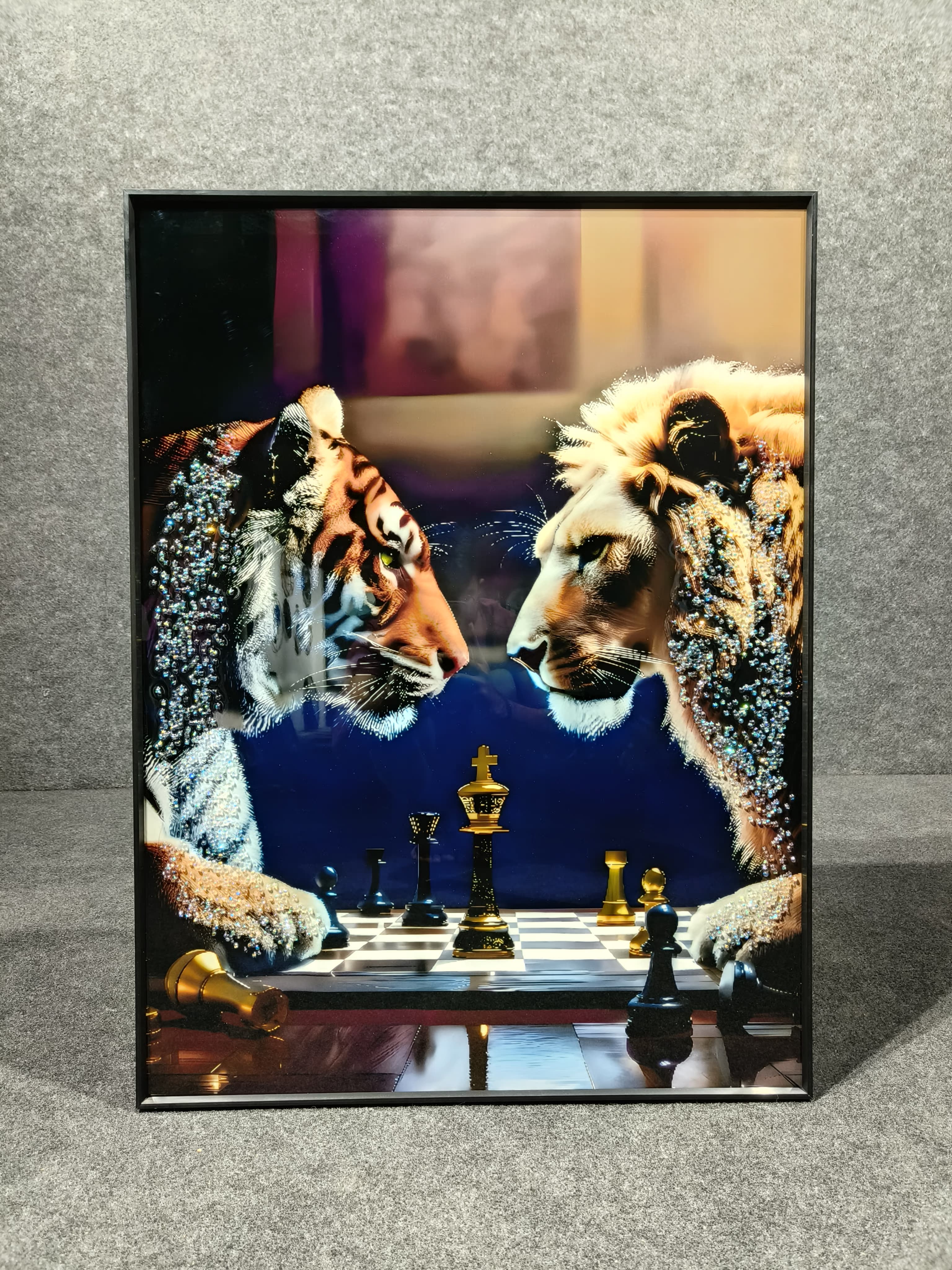 Tiger vs Lion Chess Playing Crystal Painting
